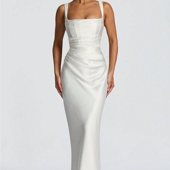Dresses & Skirts - White Elegant Women's Satin Prom Dress with Cinching Waist Lace-Up Slip Gown